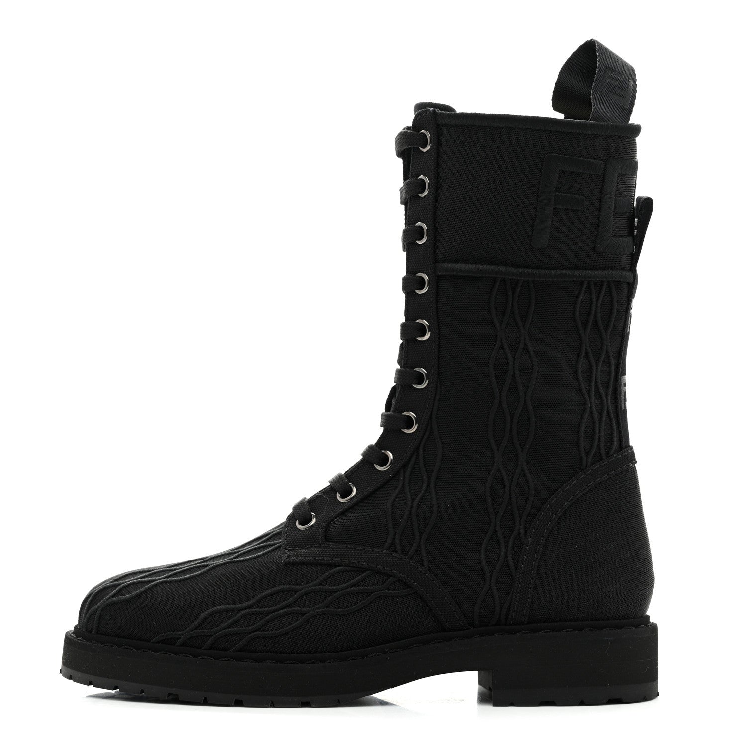Fendi Mesh Canvas Embroidered Womens Lace Up Boots 36 Black