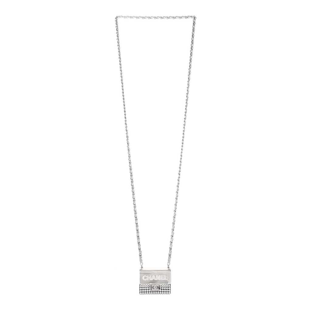 Chanel Metal Lambskin Strass Crystal Purse CC Long Necklace Silver