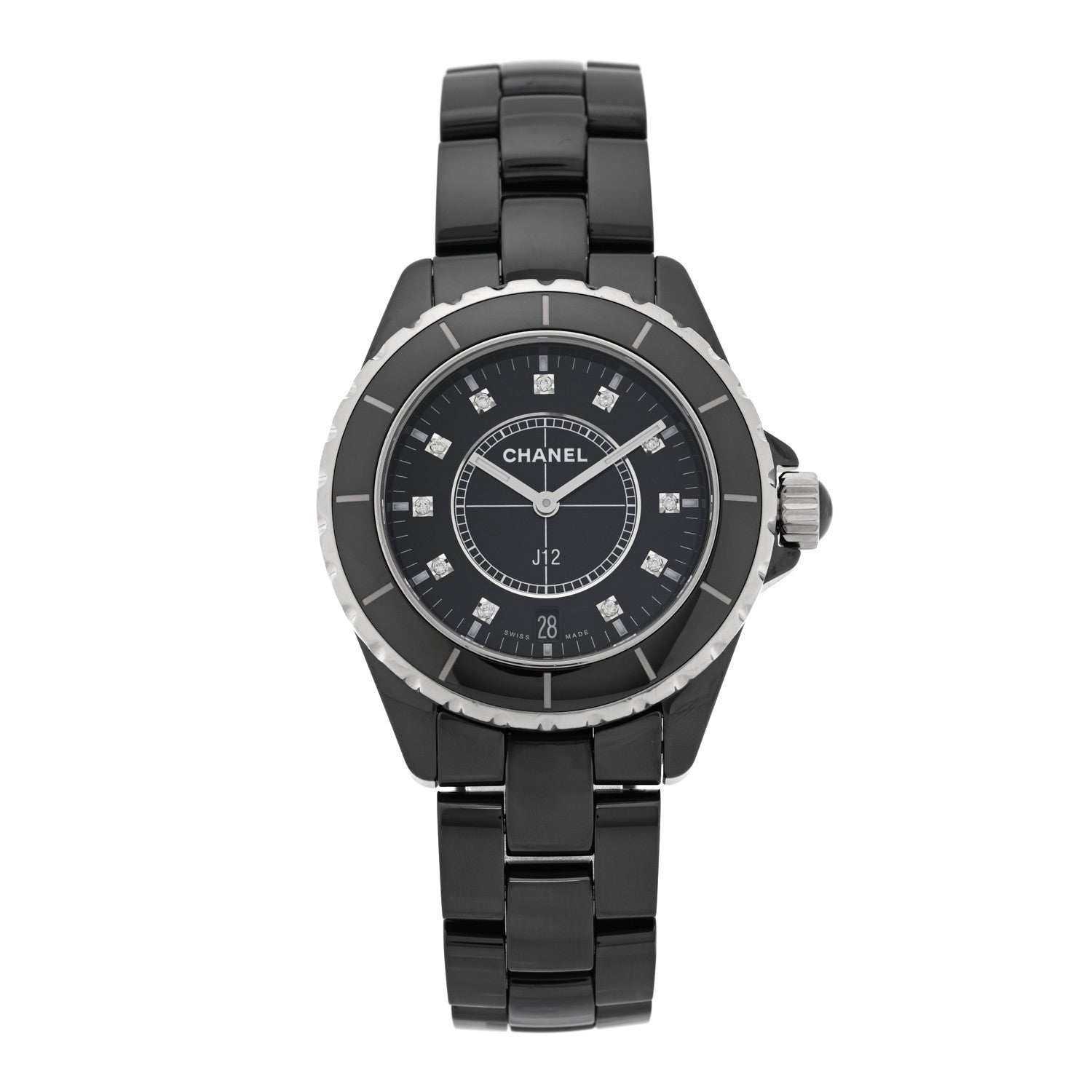 Chanel Stainless Steel Ceramic Diamond 38mm J12 Quartz Watch Black