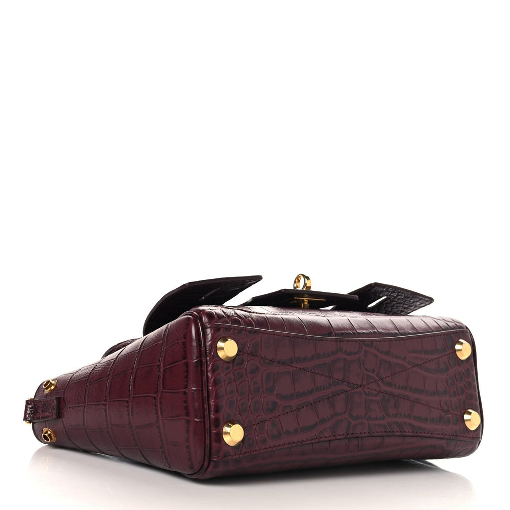 Balenciaga Calfskin Crocodile Embossed Mini Bel Air Carry All Bag Dark Burgundy