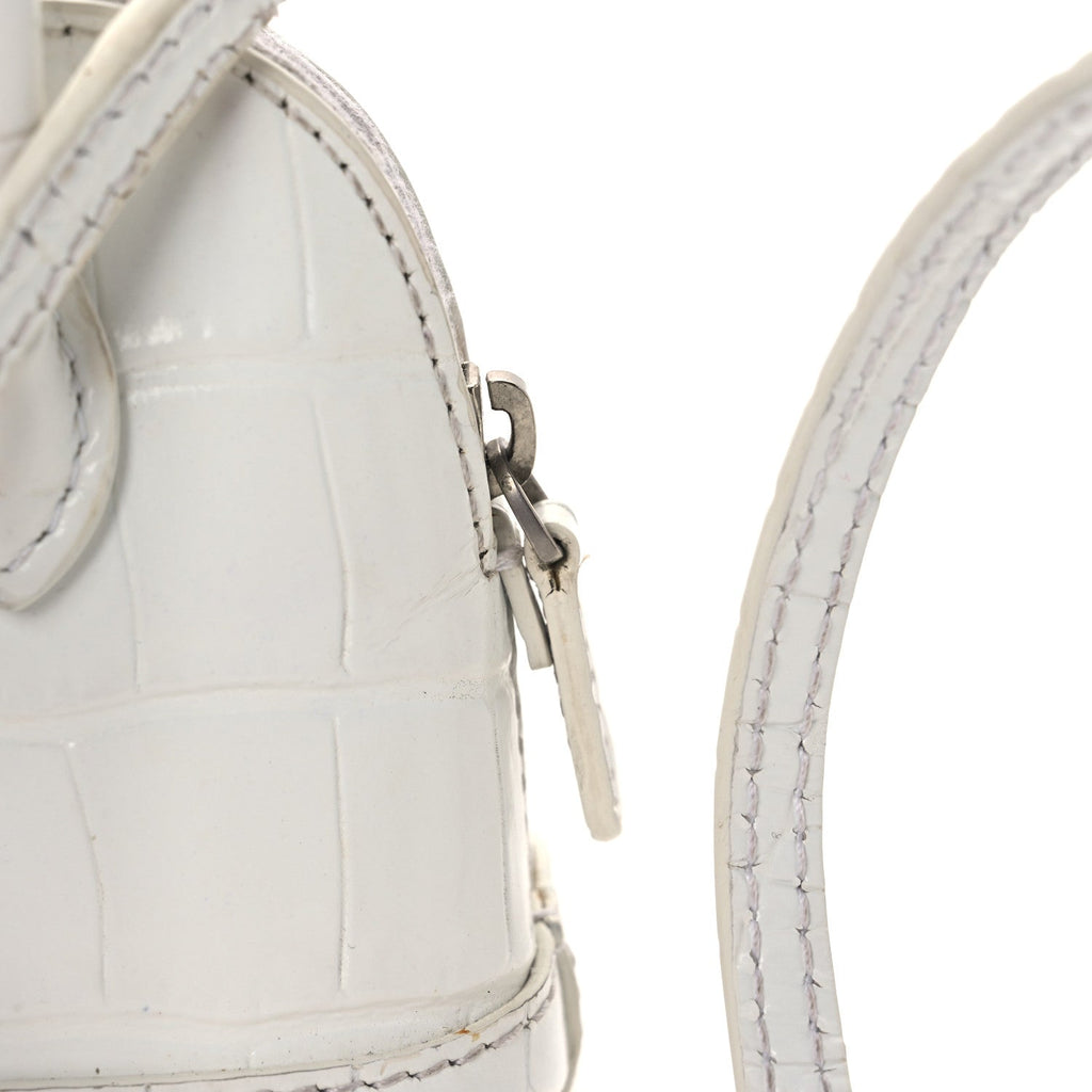 Balenciaga Calfskin Logo Crocodile Embossed Mini Ville Top Handle Bag White Black
