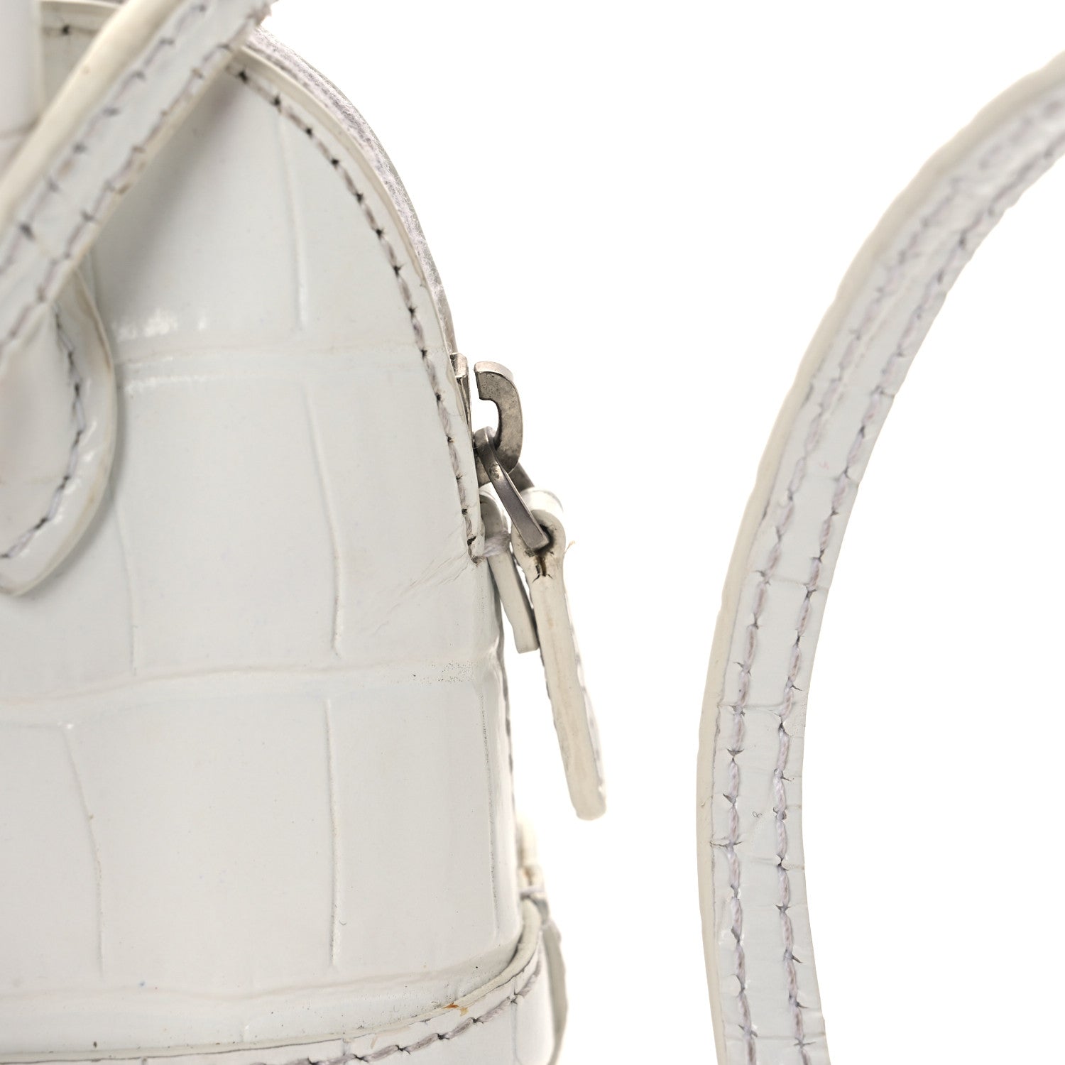 Balenciaga Calfskin Logo Crocodile Embossed Mini Ville Top Handle Bag White Black