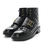 Chanel Shiny Calfskin Quilted Lace Up Combat Boots 38.5 Black