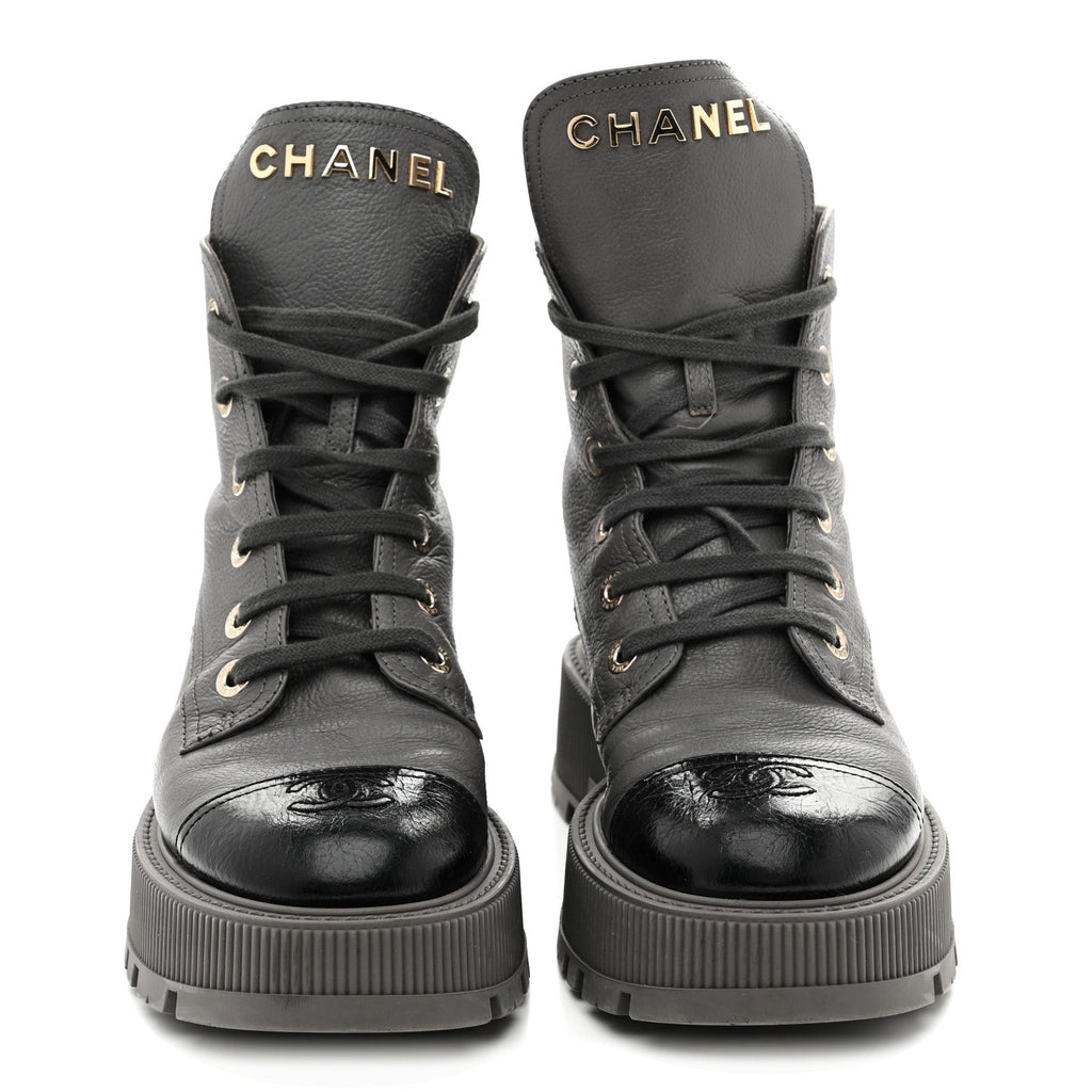 Chanel Calfskin CC Lace Up Combat Boots 39 Gray