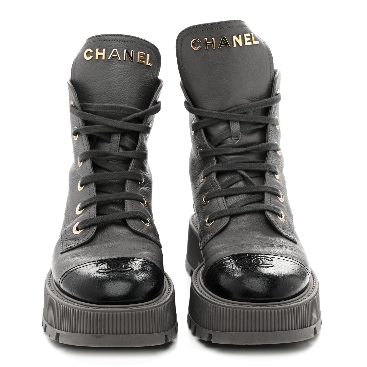 Chanel Calfskin CC Lace Up Combat Boots 39 Gray