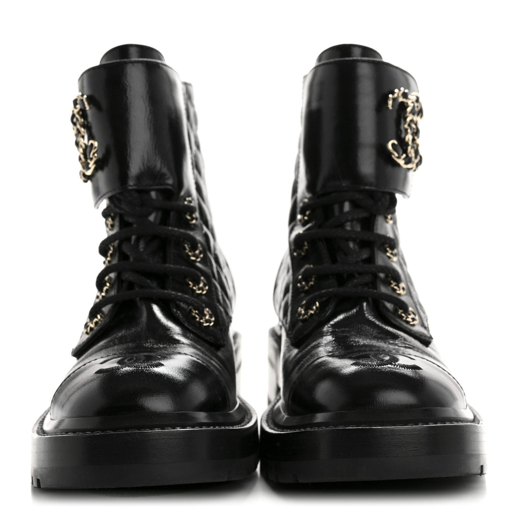 Chanel Shiny Lambskin Quilted Lace Up Combat Boots 37 Black