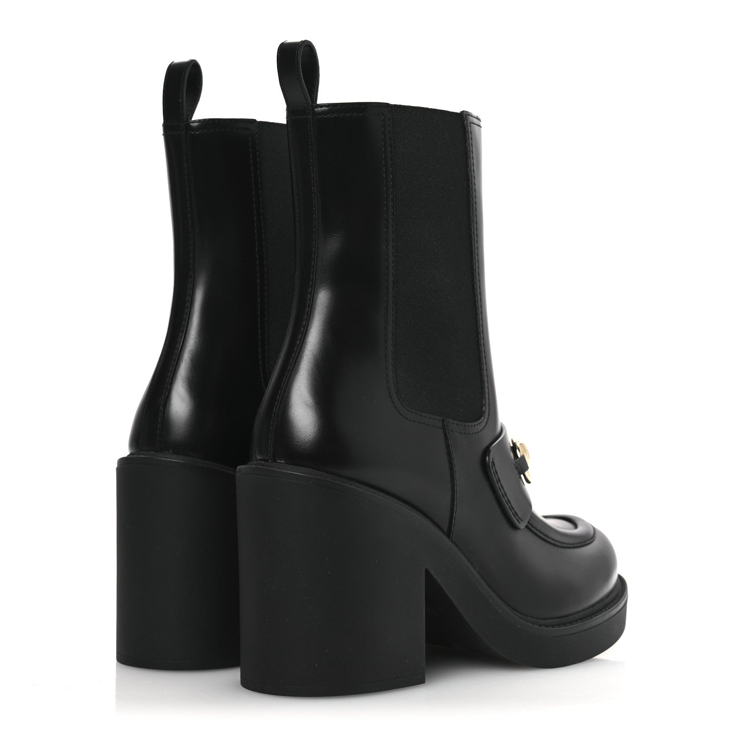 Gucci Calfskin Horsebit Double Stretch Rib Womens Ankle Boots 38.5 Black