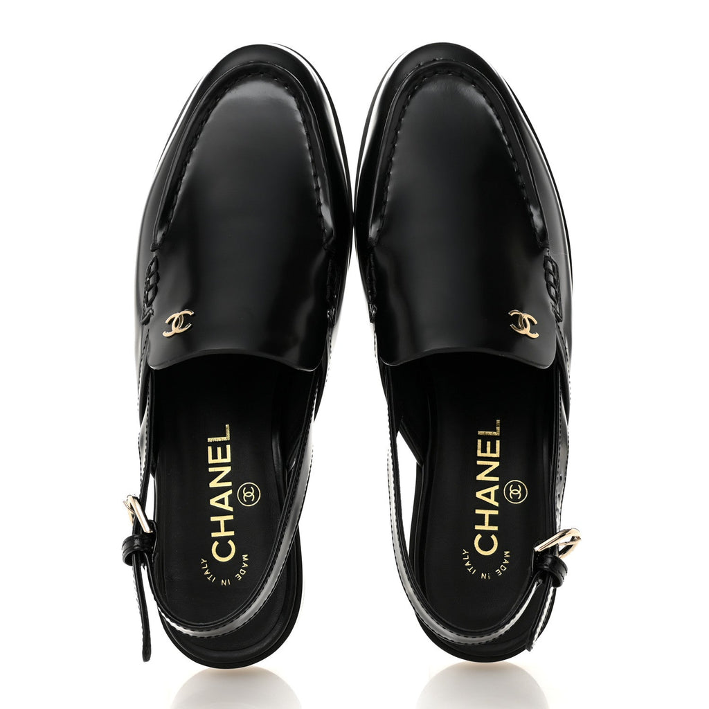 Chanel Shiny Calfskin Slingback Loafers 39.5  Black