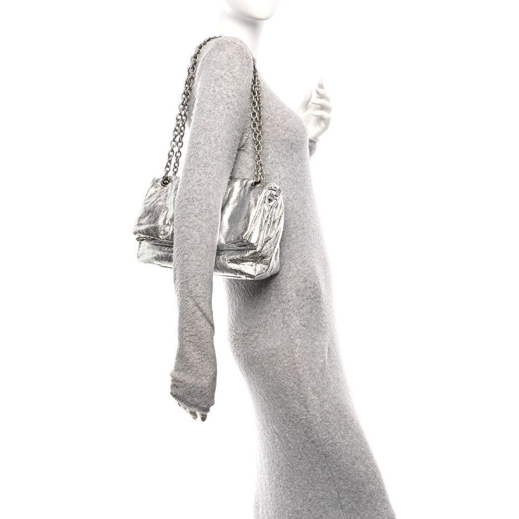 Balenciaga Metallized Arena Calfskin Medium Monaco Chain Shoulder Bag Silver