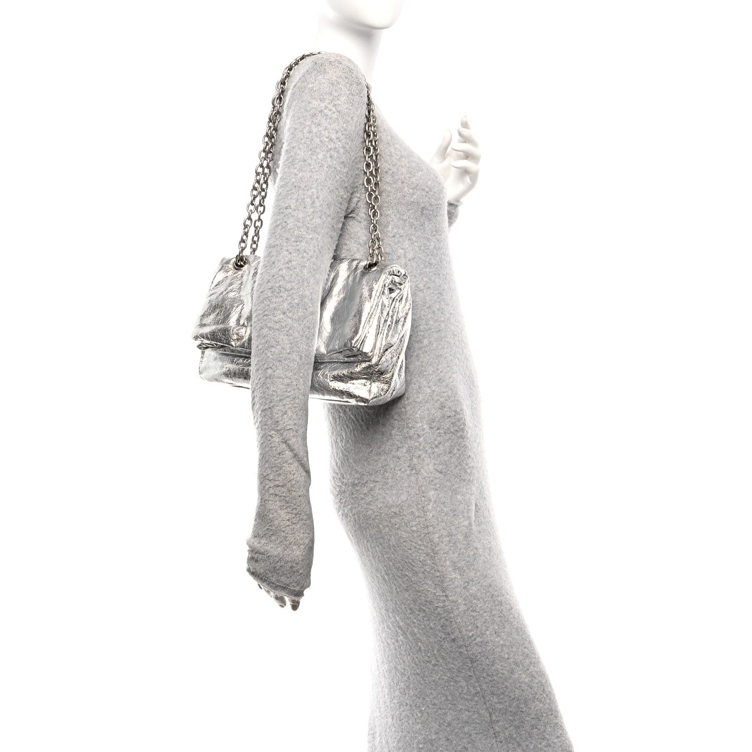 Balenciaga Metallized Arena Calfskin Medium Monaco Chain Shoulder Bag Silver