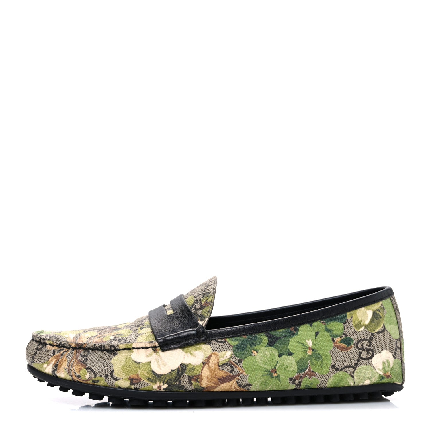 Gucci GG Supreme Monogram Blooms Mens Driver Loafers 7 Beige New Military Black
