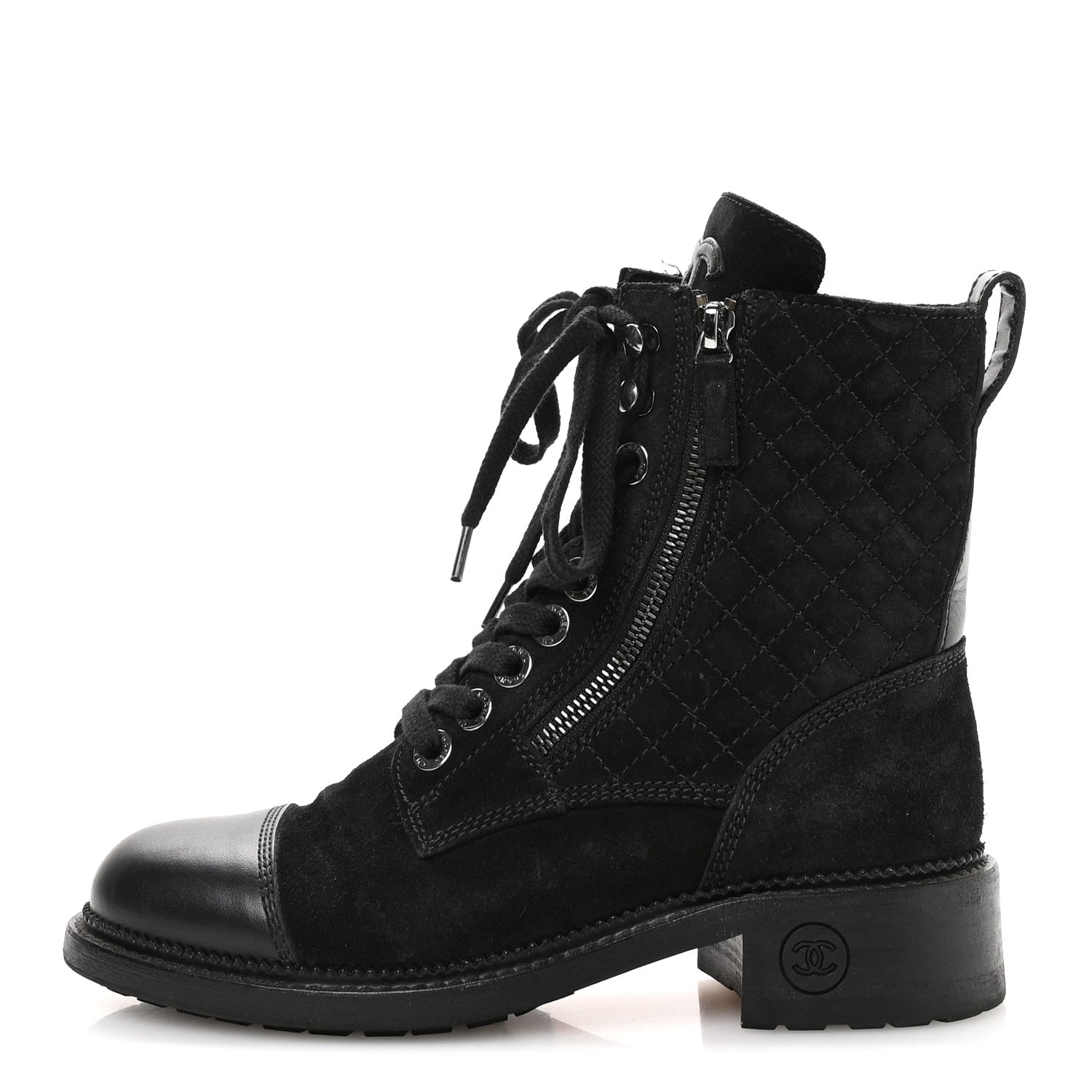 Chanel Suede Calfskin Quilted Lace Up Combat Boots 37 Black
