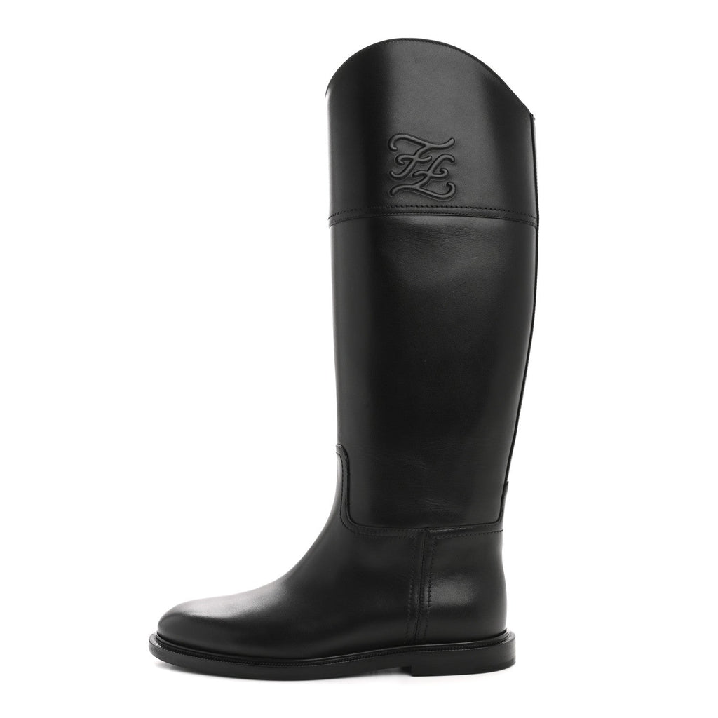 Fendi Vitello Karligraphy Embossed Tall Riding Boots 36 Black