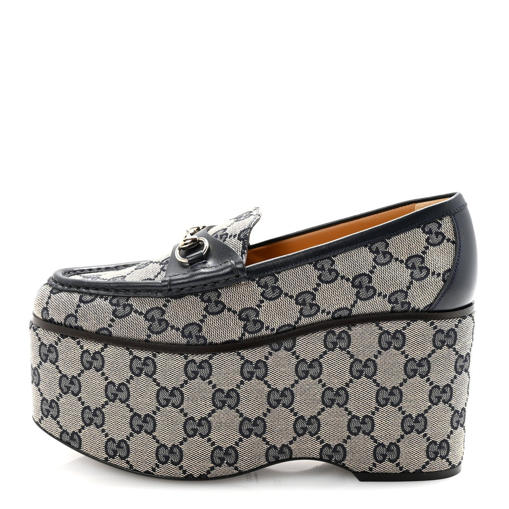 Gucci Canvas GG Monogram Horsebit Calfskin Womens Horsebit Platform Loafers 37.5 Beige Blue