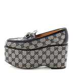 Gucci Canvas GG Monogram Horsebit Calfskin Womens Horsebit Platform Loafers 37.5 Beige Blue