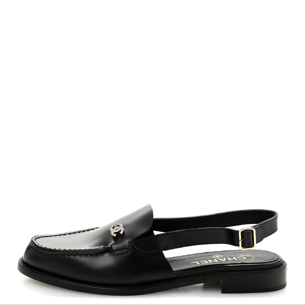 Chanel Calfskin Crystal Slingback Loafers 39 Black