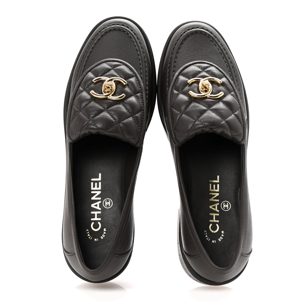 Chanel Lambskin Quilted CC Turnlock Loafers 38.5 Dark Brown