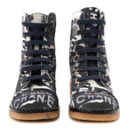 Chanel Suede Calfskin Printed CC 31 Rue Cambon Lace Up Combat Boots 36 White Navy