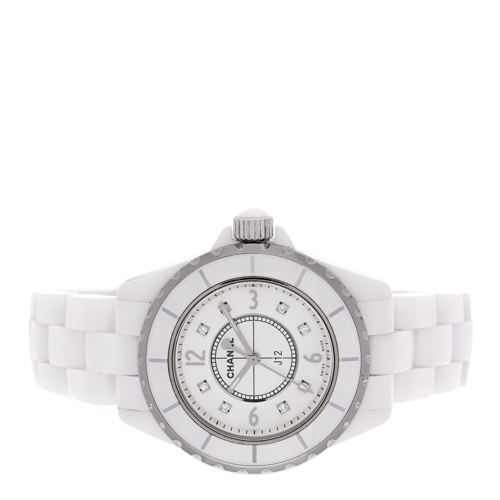 Chanel Stainless Steel Ceramic Diamond Mother of Pearl 33mm J12 Quartz Watch White