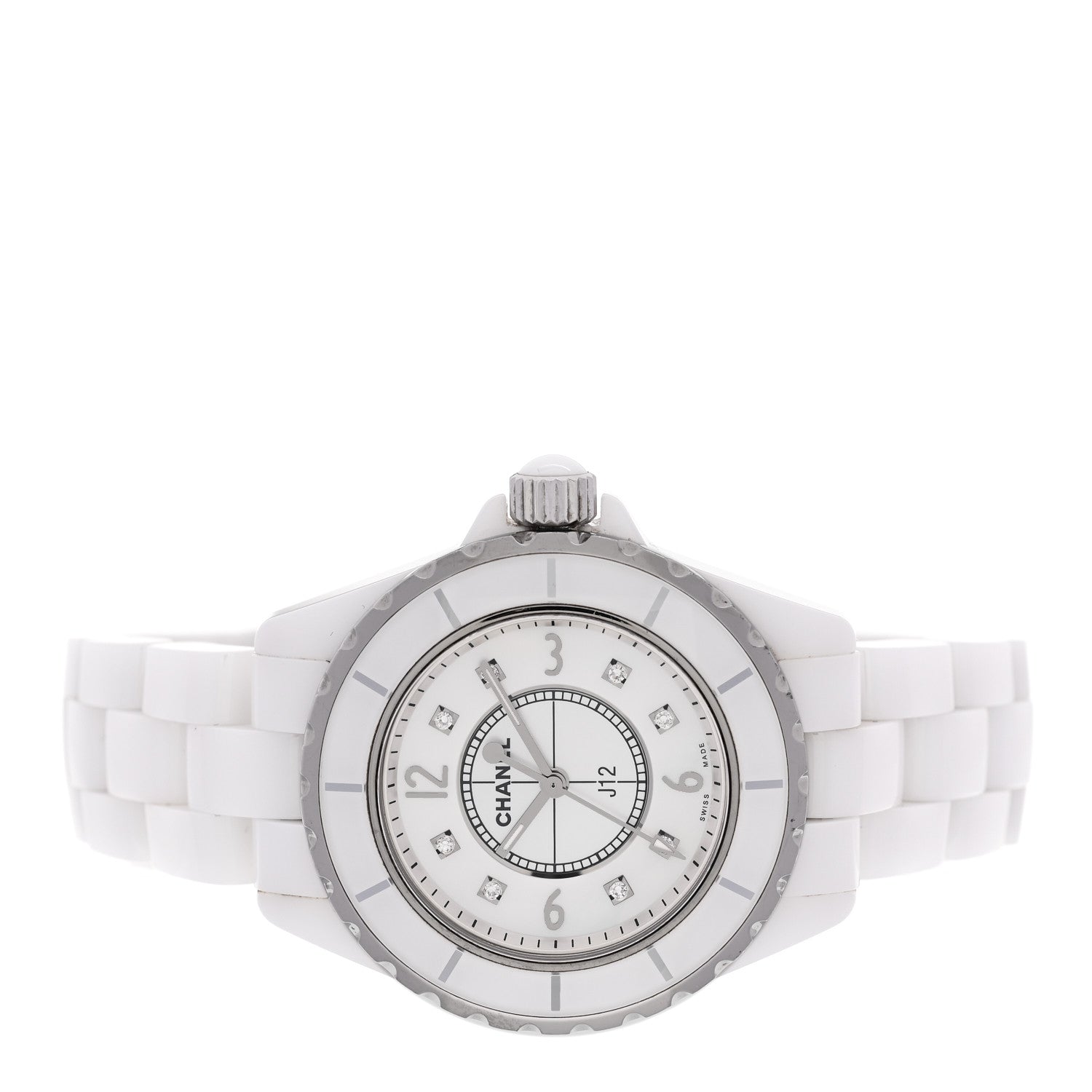 Chanel Stainless Steel Ceramic Diamond Mother of Pearl 33mm J12 Quartz Watch White