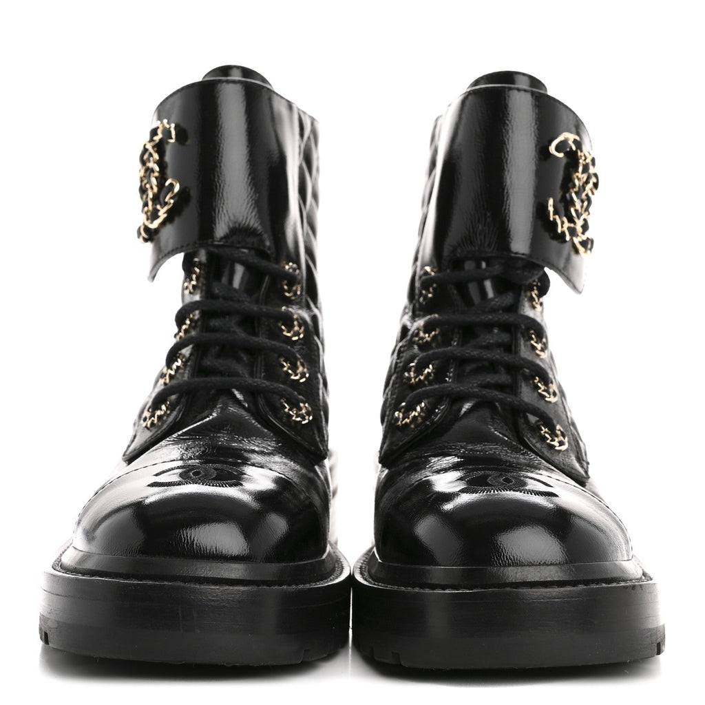 Chanel Shiny Goatskin Calfskin Quilted Lace Up Combat Boots 36.5 Black