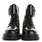 Chanel Shiny Goatskin Calfskin Quilted Lace Up Combat Boots 36.5 Black
