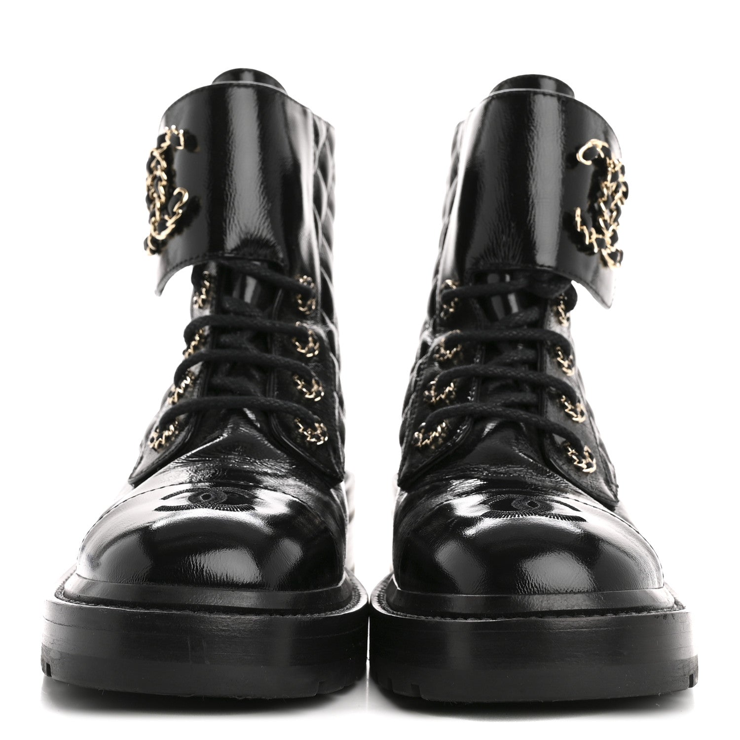 Chanel Shiny Goatskin Calfskin Quilted Lace Up Combat Boots 36.5 Black