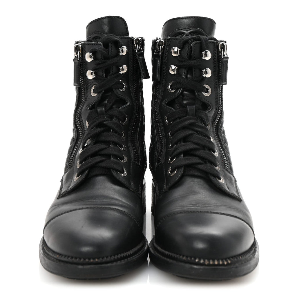 Chanel Calfskin Quilted Lace Up Combat Boots 37.5 Black