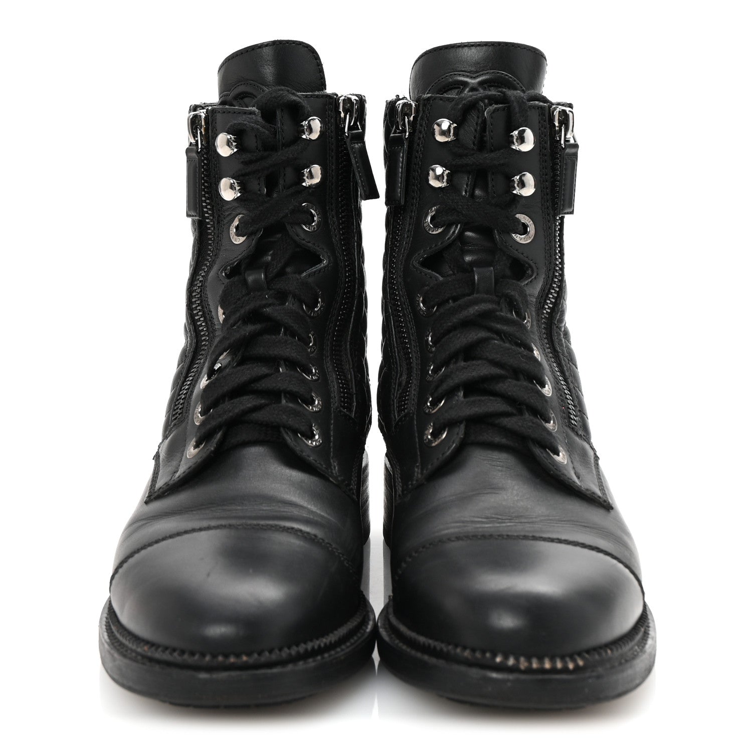 Chanel Calfskin Quilted Lace Up Combat Boots 37.5 Black