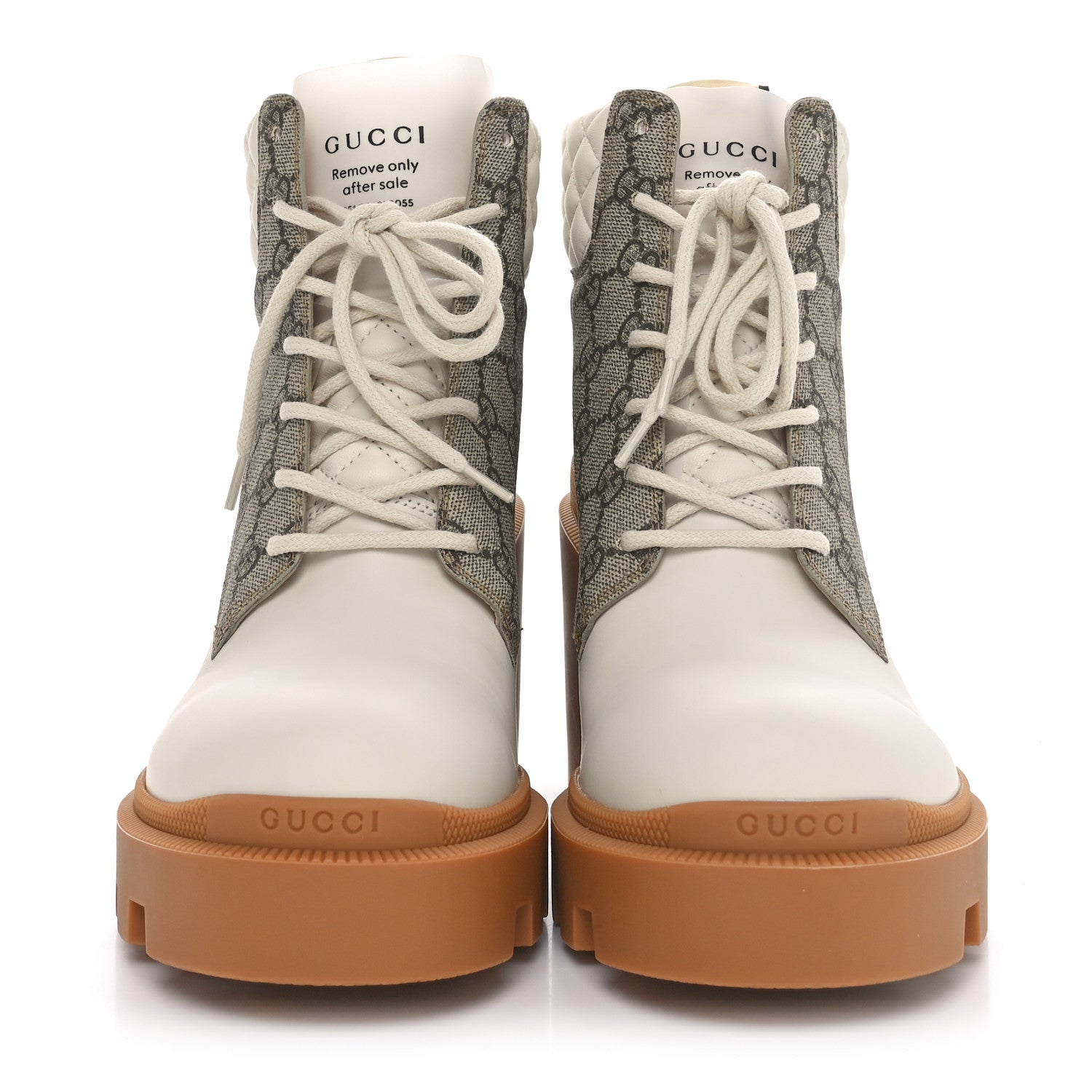 Gucci Calfskin GG Supreme Monogram Nappa Quilted Lace Up Ankle Boots 41 Mystic White Beige