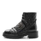 Chanel Shiny Calfskin Quilted Lace Up Combat Boots 38.5 Black