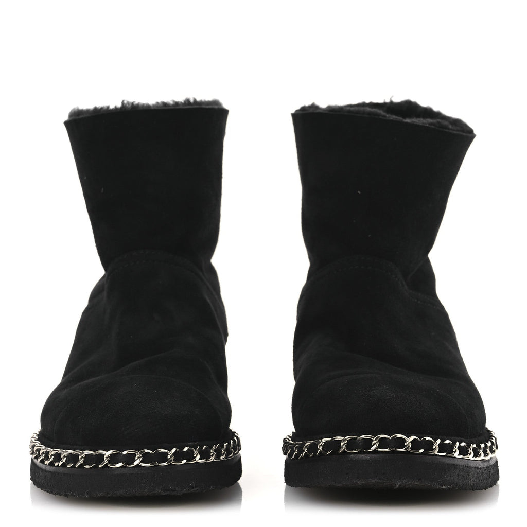 Chanel Kid Suede Shearling Womens Cap Toe Chain Short Boots 38 Black