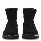 Chanel Kid Suede Shearling Womens Cap Toe Chain Short Boots 38 Black