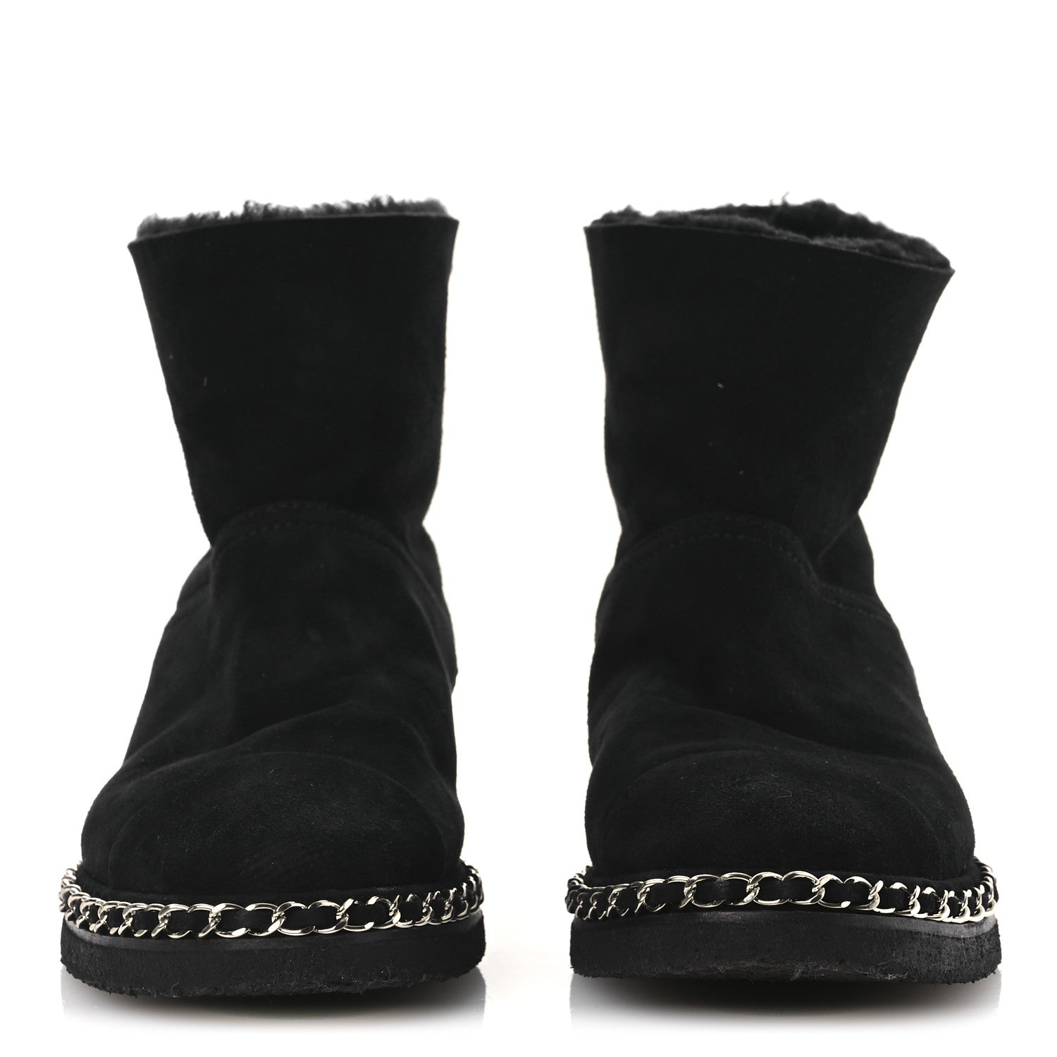 Chanel Kid Suede Shearling Womens Cap Toe Chain Short Boots 38 Black