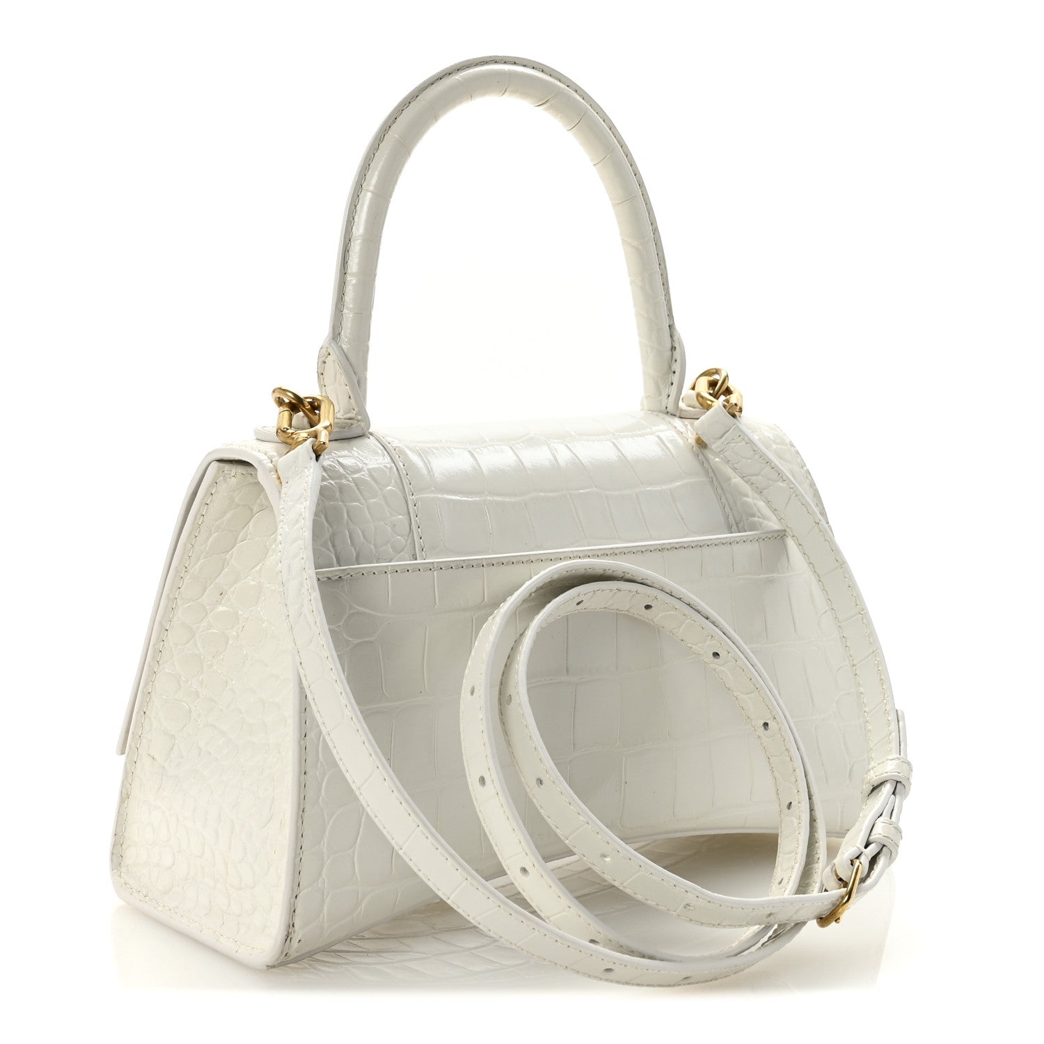 Balenciaga Calfskin Crocodile Embossed Small Hourglass Top Handle Bag White