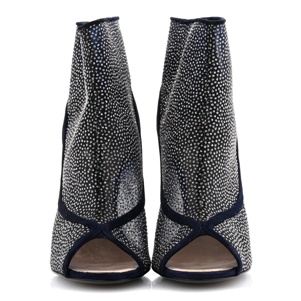 Chanel Mesh Crystal Open Toe Ankle Boots 40 Navy