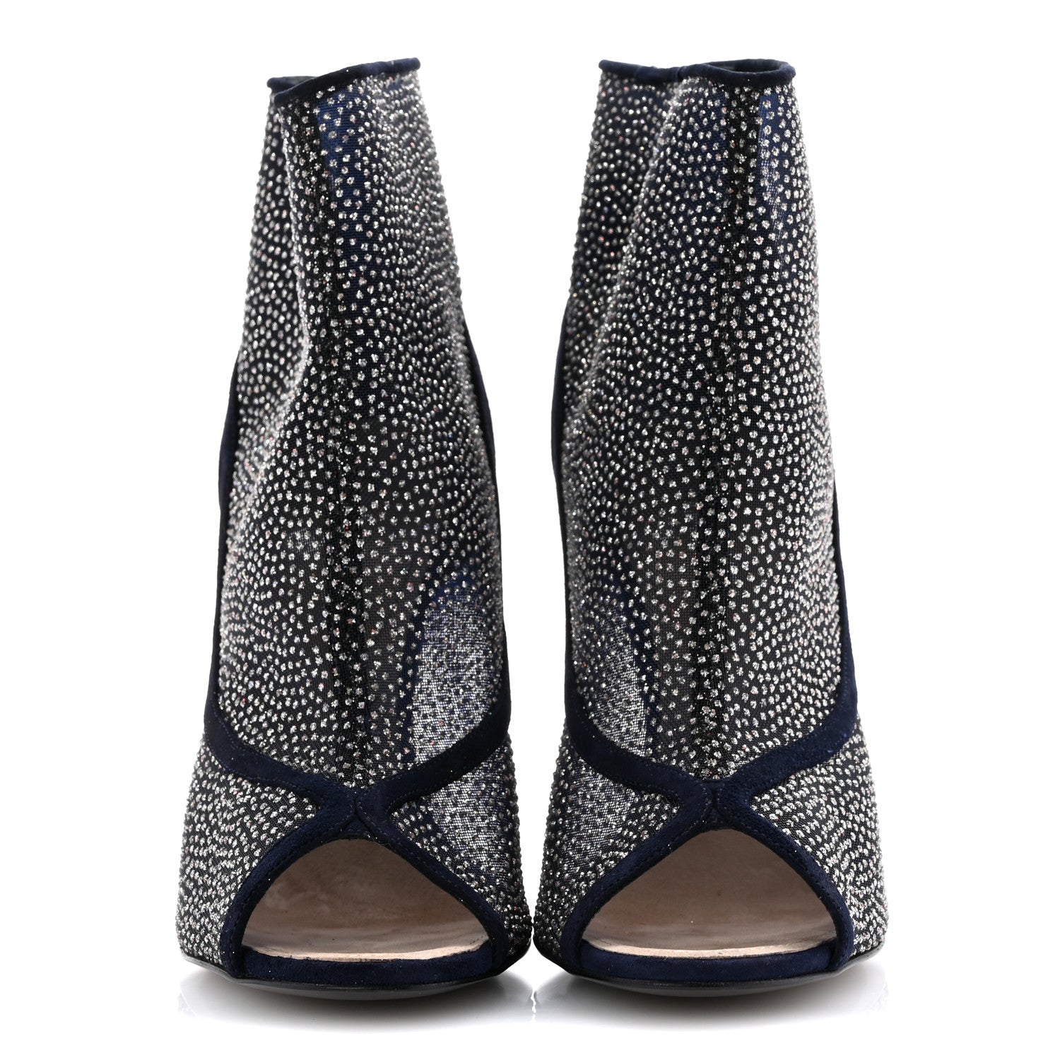 Chanel Mesh Crystal Open Toe Ankle Boots 40 Navy