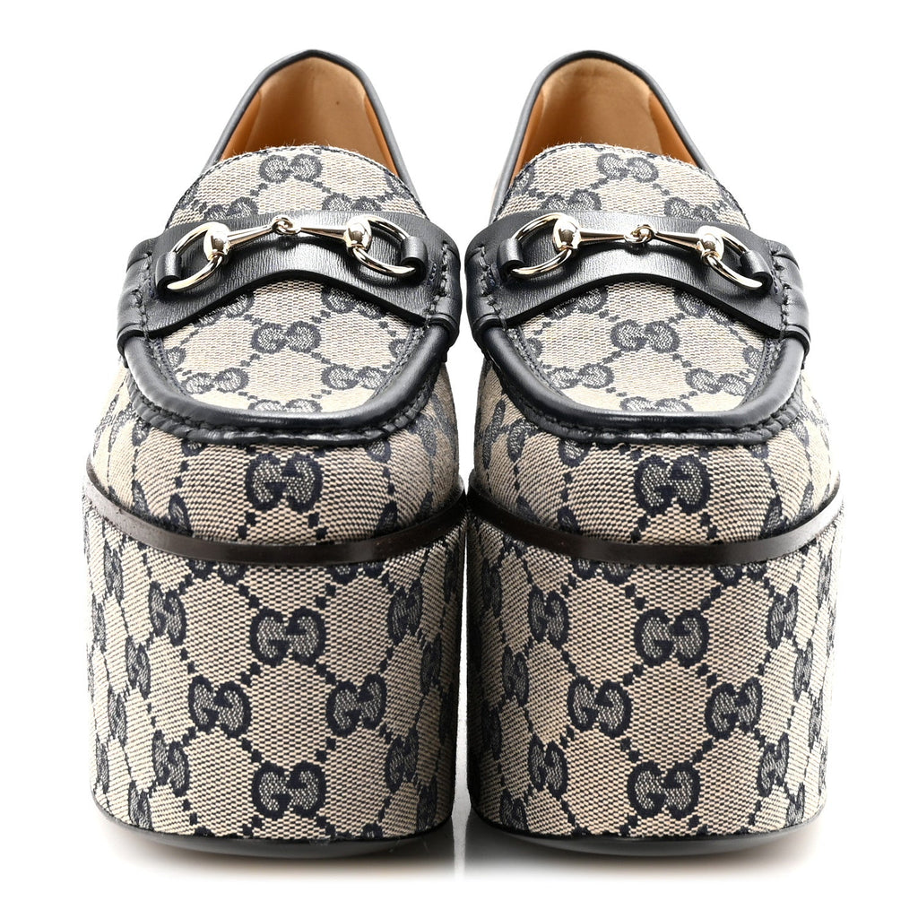 Gucci Canvas GG Monogram Horsebit Calfskin Womens Horsebit Platform Loafers 37.5 Beige Blue