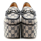 Gucci Canvas GG Monogram Horsebit Calfskin Womens Horsebit Platform Loafers 37.5 Beige Blue