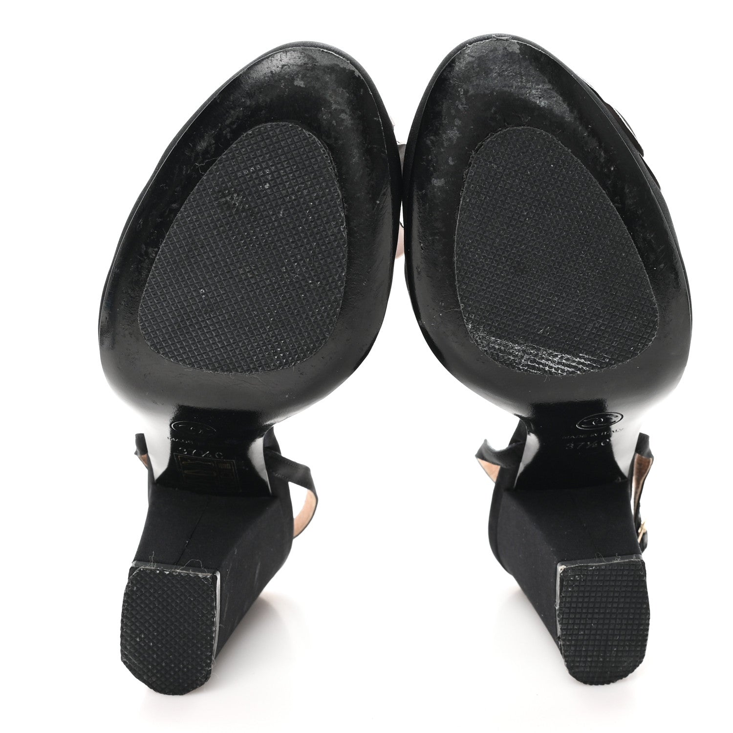 Chanel Satin Camelia Block Heels Sandals 37.5 Black