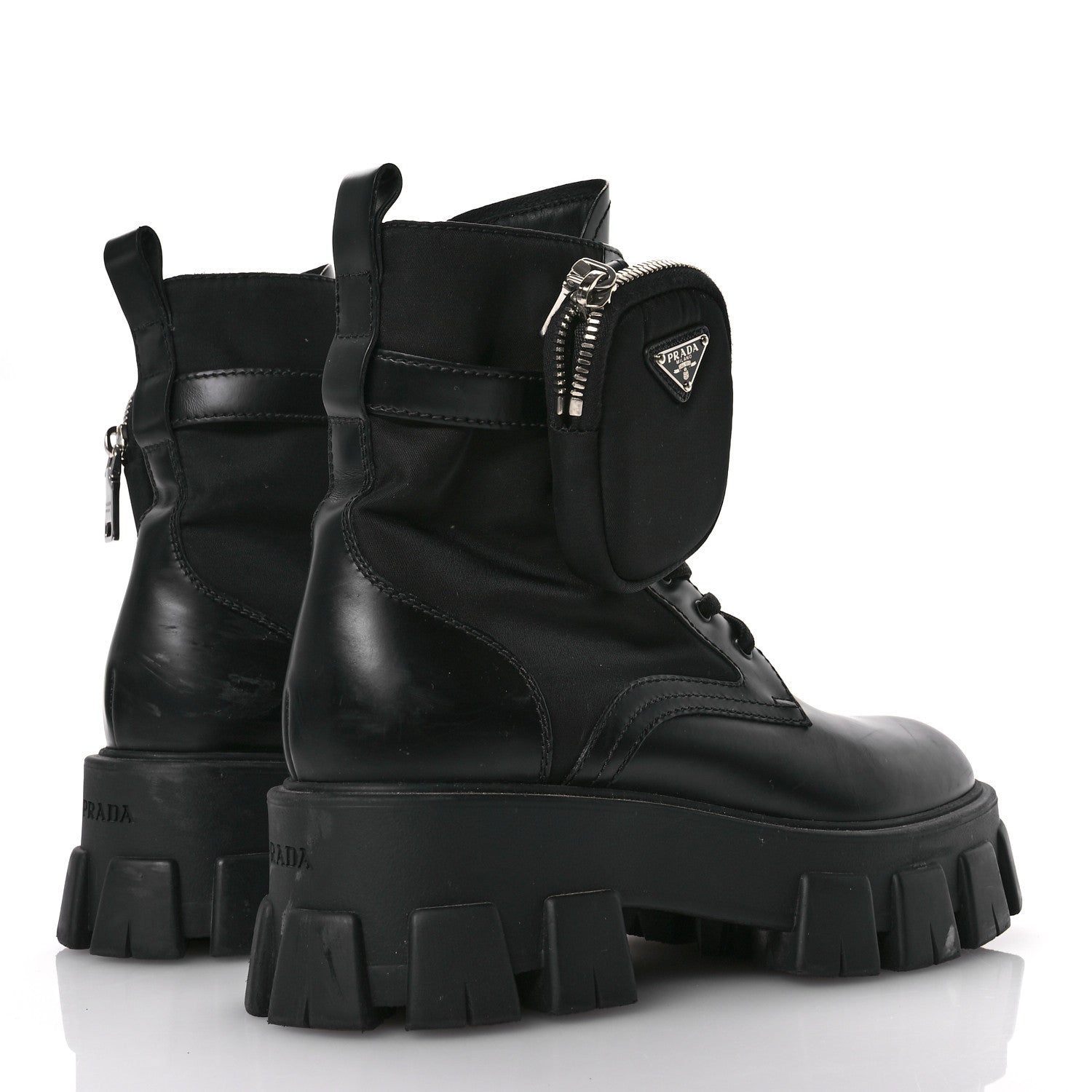 Prada Spazzolato Rois Nylon Metal Triangle Logo Monolith Pouch Pocket 55mm Boots 38.5 Black