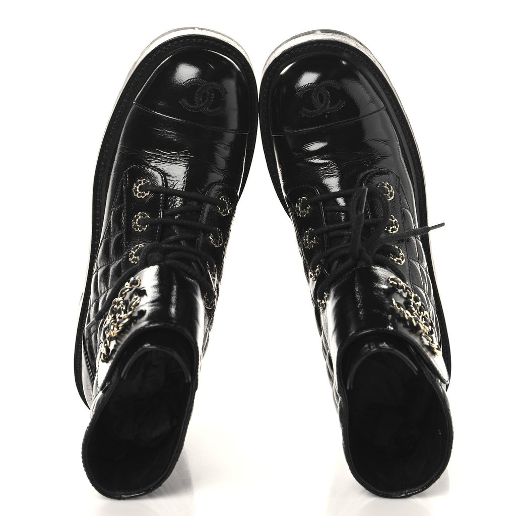 Chanel Shiny Calfskin Quilted Lace Up Combat Boots 39 Black