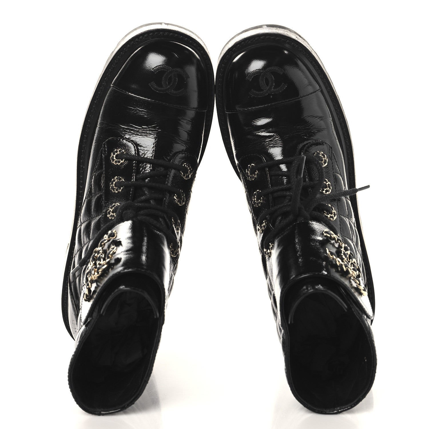Chanel Shiny Calfskin Quilted Lace Up Combat Boots 39 Black