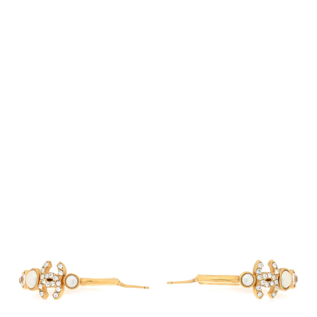 Chanel Crystal Pearl CC Hoop Earrings Gold Pearly White