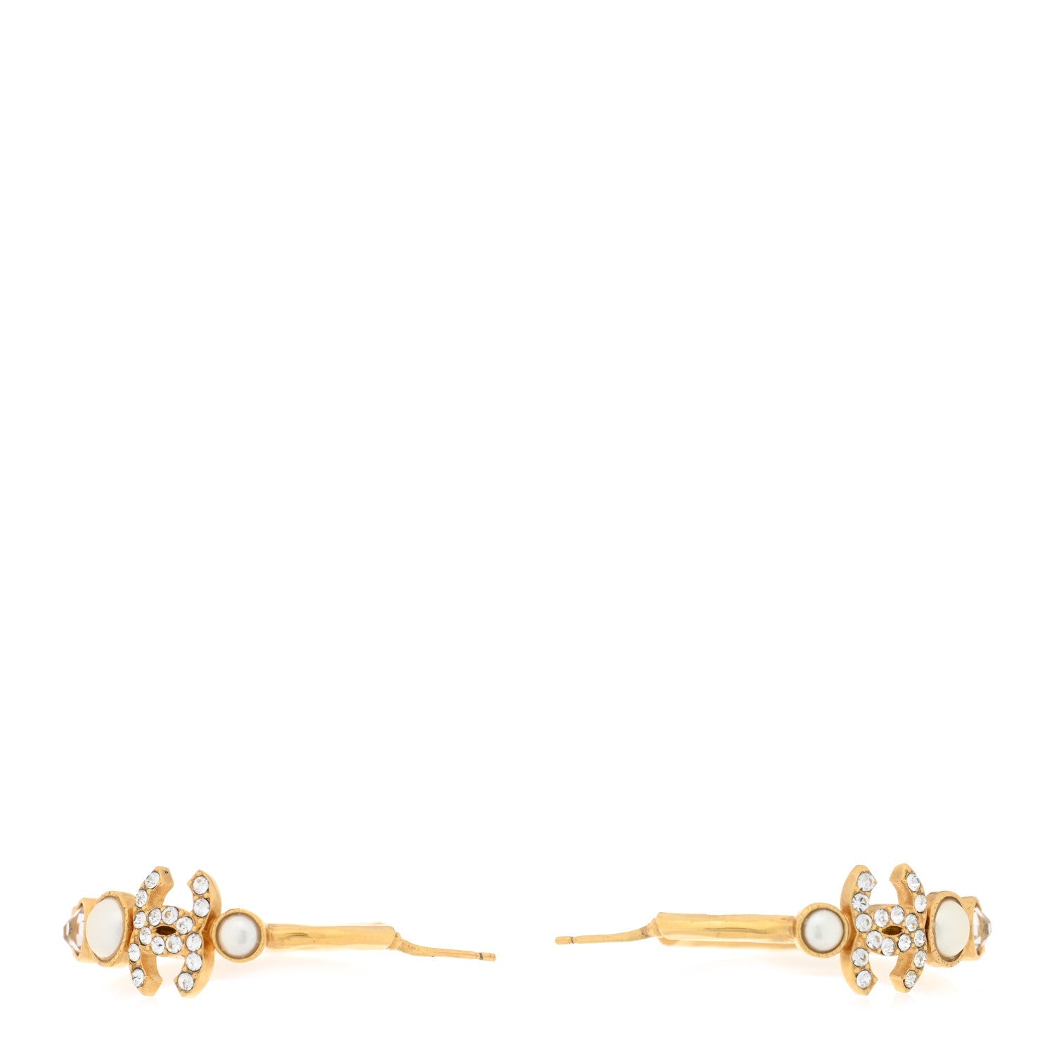 Chanel Crystal Pearl CC Hoop Earrings Gold Pearly White