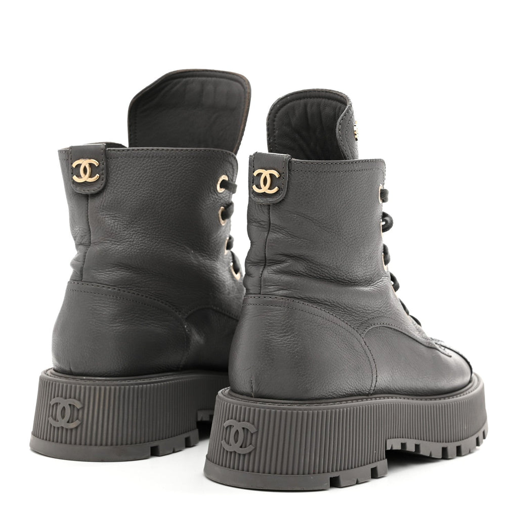 Chanel Calfskin CC Lace Up Combat Boots 39 Gray