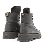 Chanel Calfskin CC Lace Up Combat Boots 39 Gray