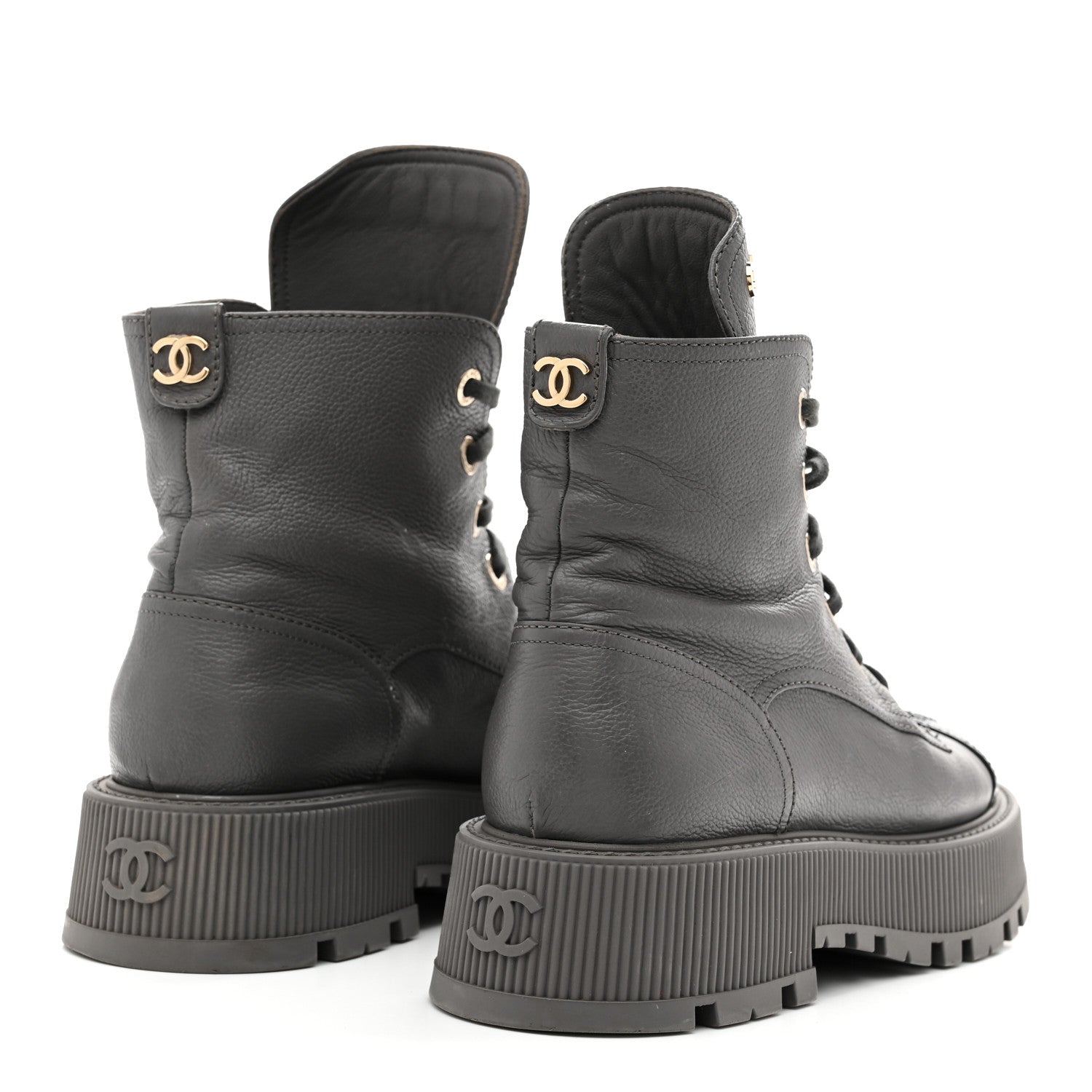Chanel Calfskin CC Lace Up Combat Boots 39 Gray