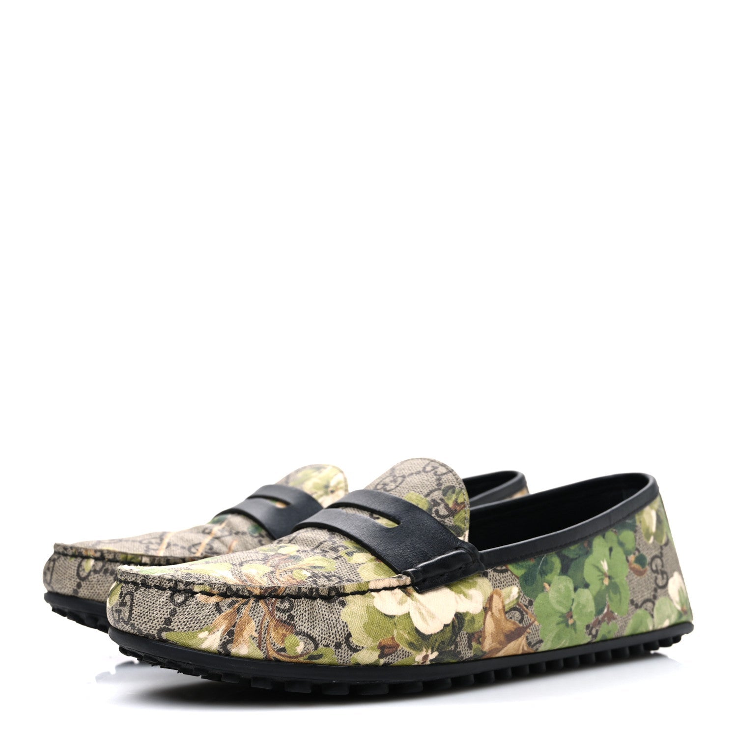 Gucci GG Supreme Monogram Blooms Mens Driver Loafers 7 Beige New Military Black