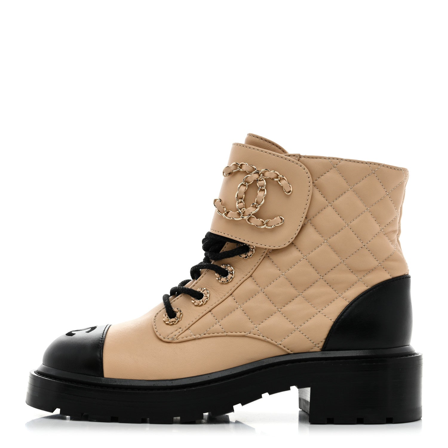 Chanel Lambskin Calfskin Quilted Lace Up Combat Boots 36.5 Beige Black